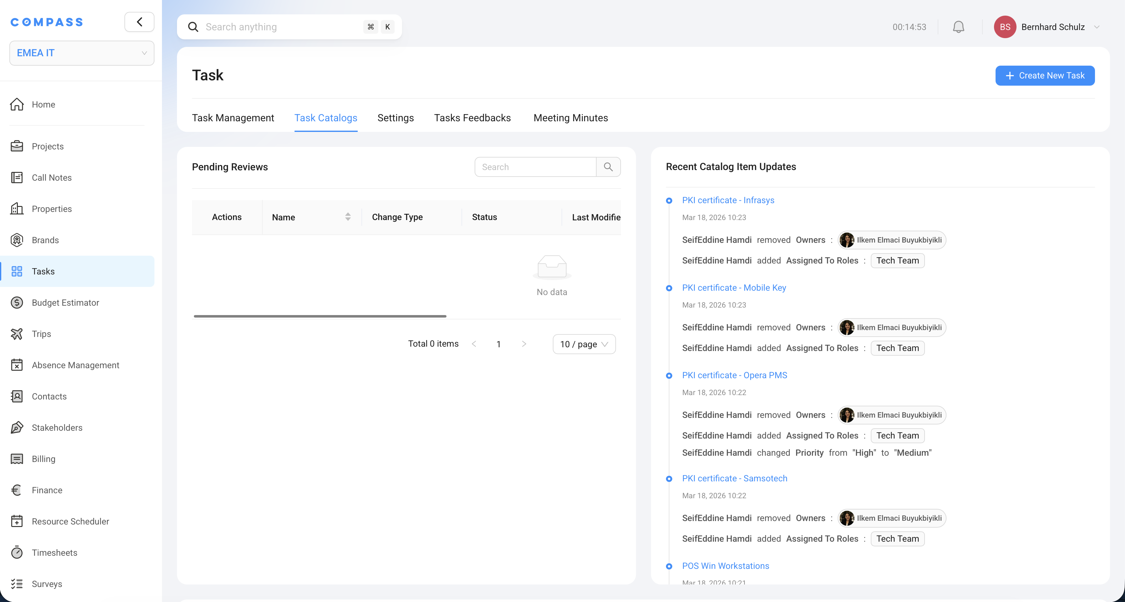 The Task Catalogs section in Compass — showing pending reviews and a live feed of recent catalog item changes.