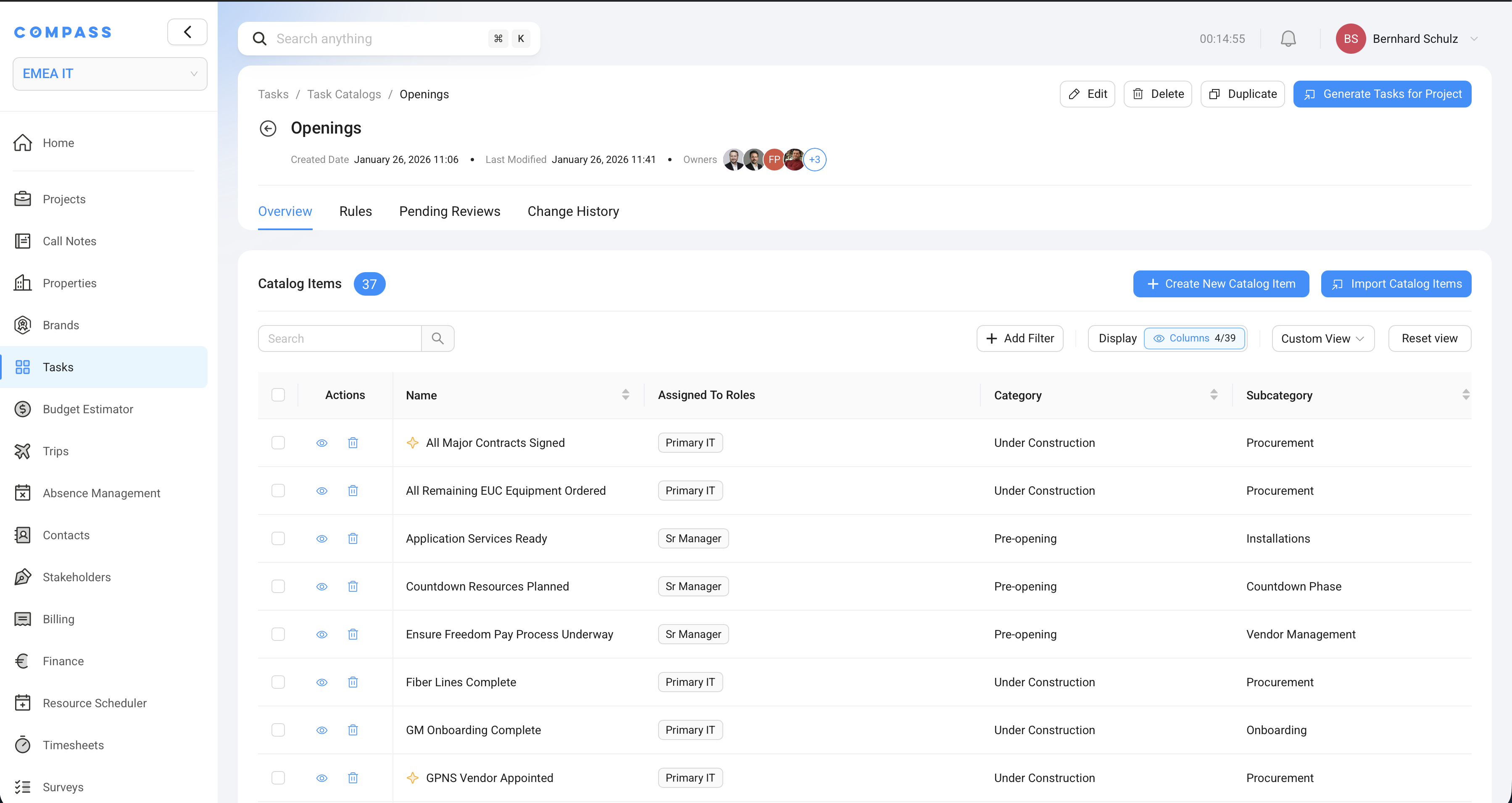 The Overview tab inside a Task Catalog — listing all catalog items with their assigned roles, category, and subcategory.