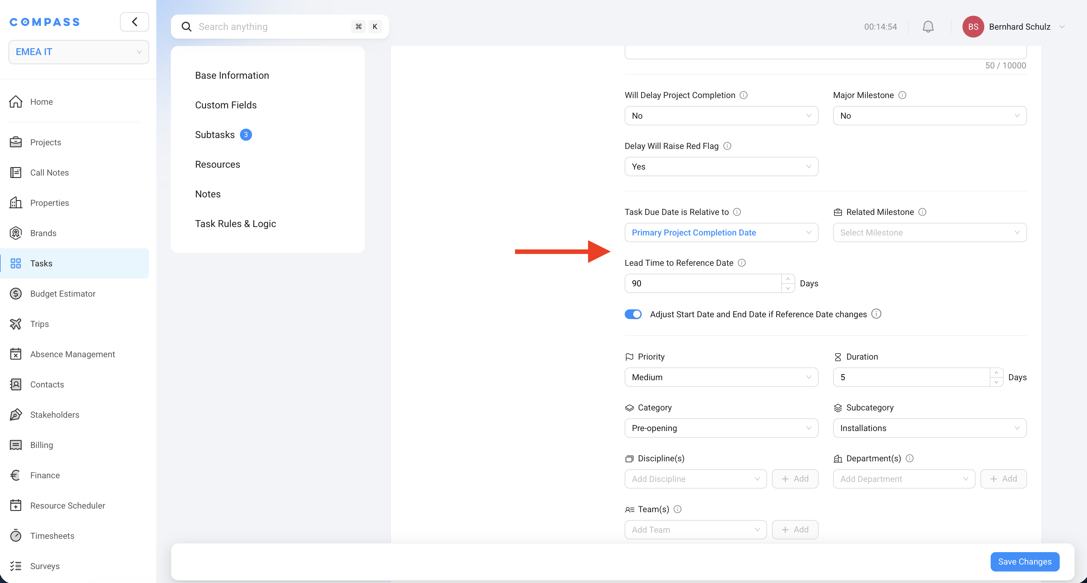 The timing and flags section of a Task Catalog Item — showing due date reference, lead time, duration, and the adjust-dates toggle.