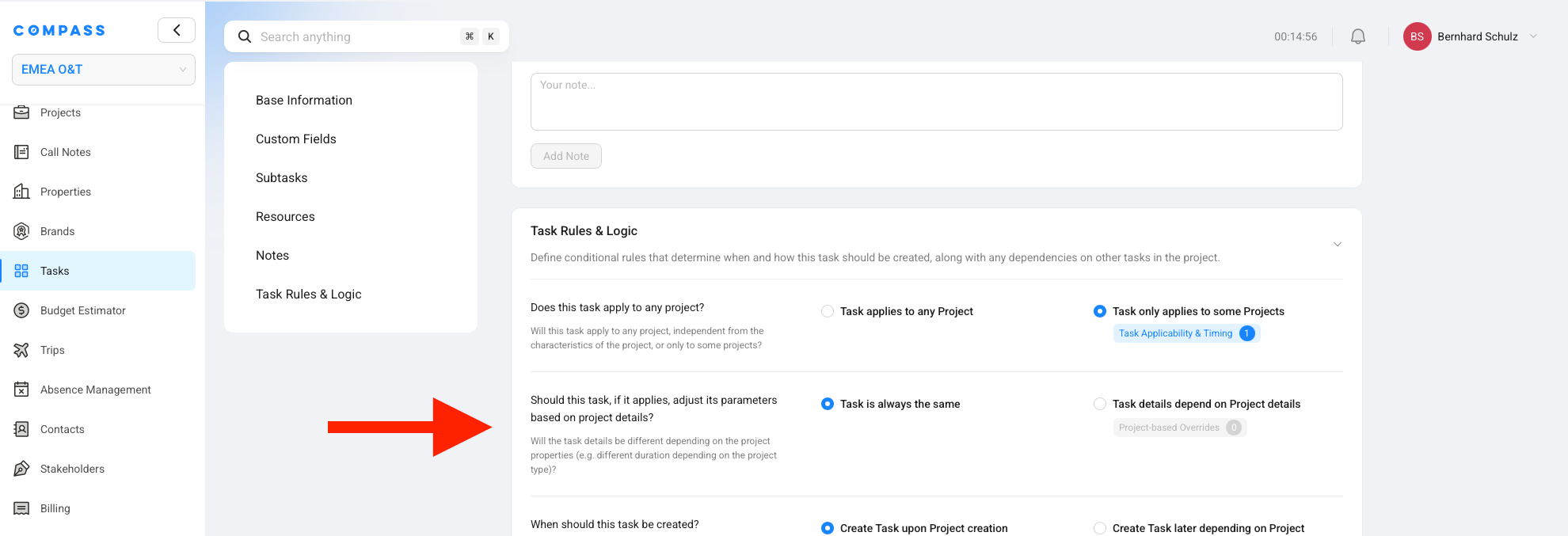 Task Rules &amp; Logic section on a catalog item — the setting "Should this task adjust its parameters based on project details?" with "Task is always the same" selected on the left and "Task details depend on Project details" on the right.