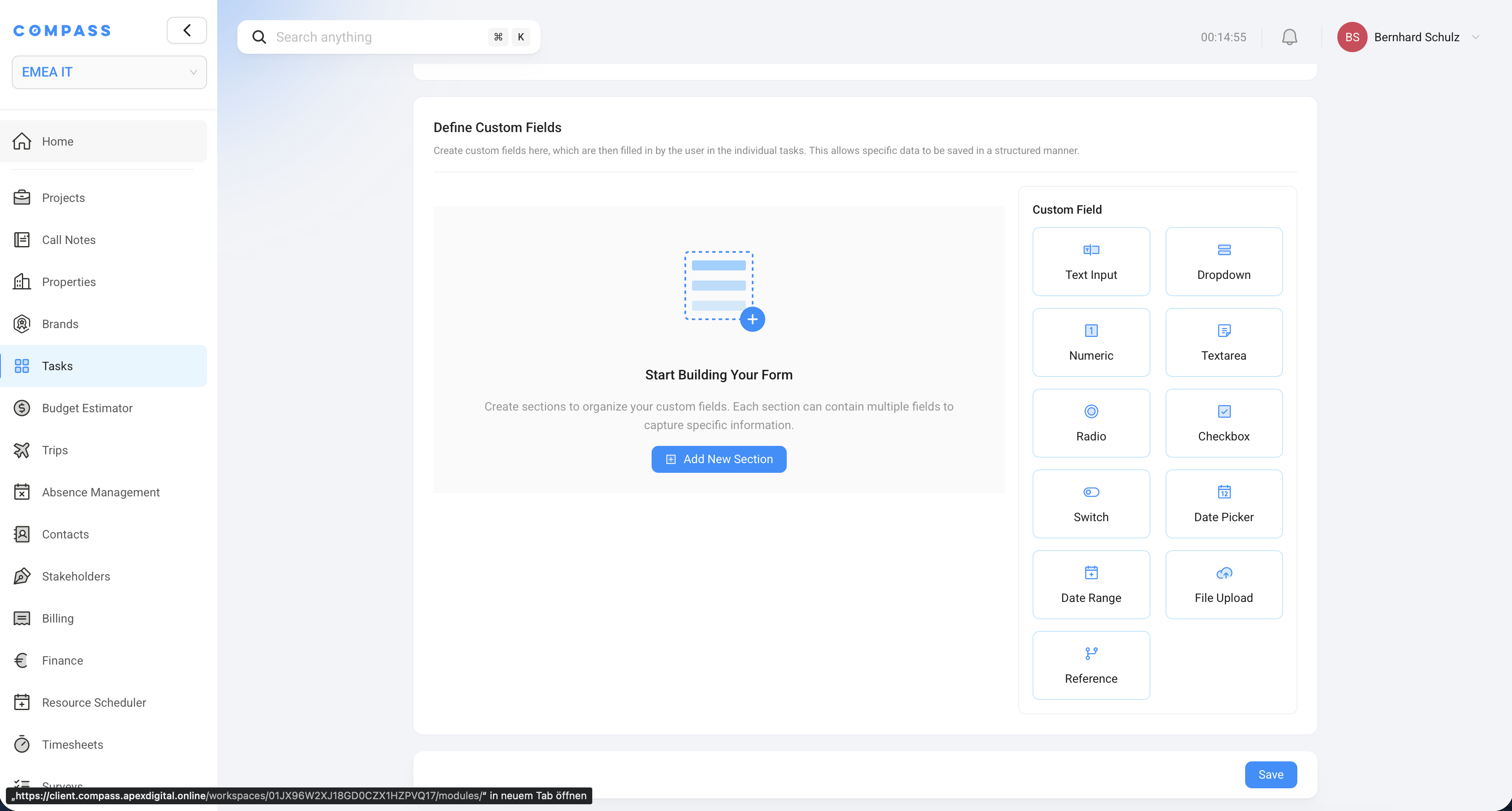 The Custom Fields editor for the Task module — drag-and-drop field builder with multiple field types.