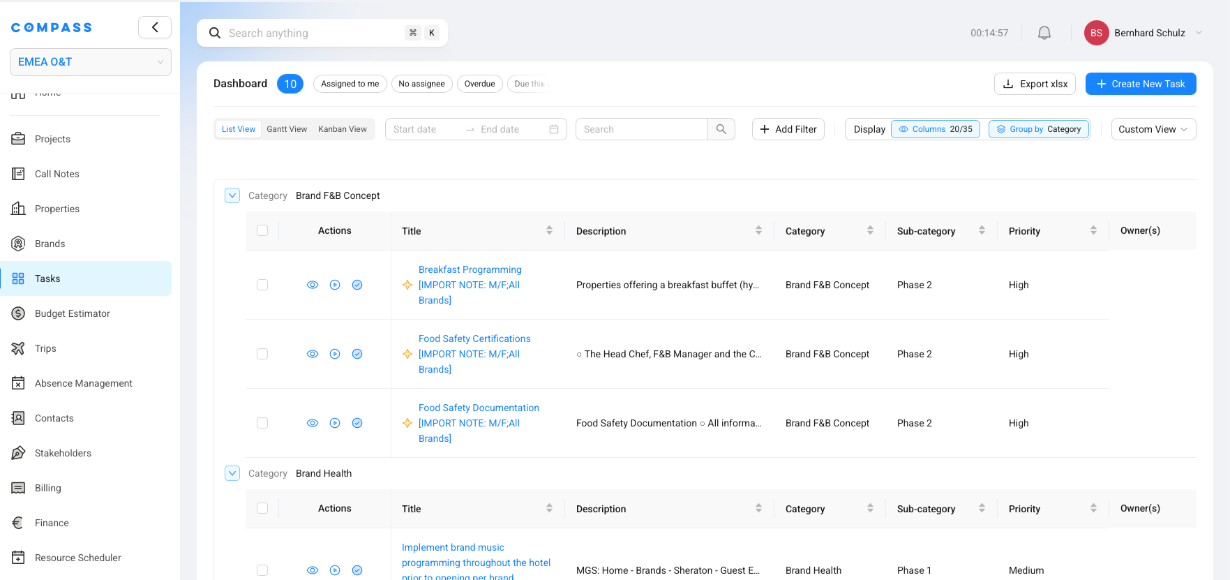 The task list in List View — grouped and with columns set up so you can scan titles, categories, and other fields while validating.