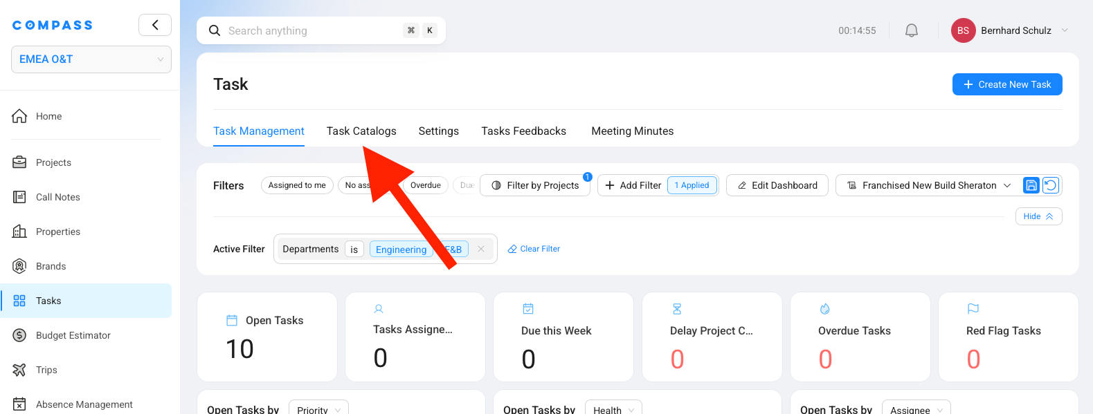 The Task module with tabs along the top — Task Management, Task Catalogs, Settings, and more. Choose Task Catalogs to open your catalogs.