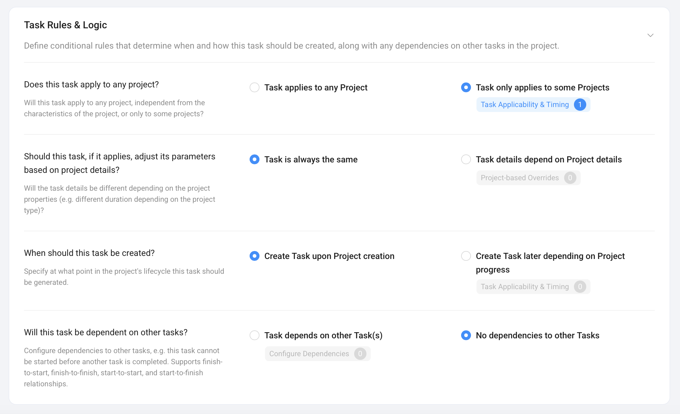 Task Rules &amp; Logic section in a Task Catalog Item — controls applicability, project-based overrides, creation timing, and dependencies.