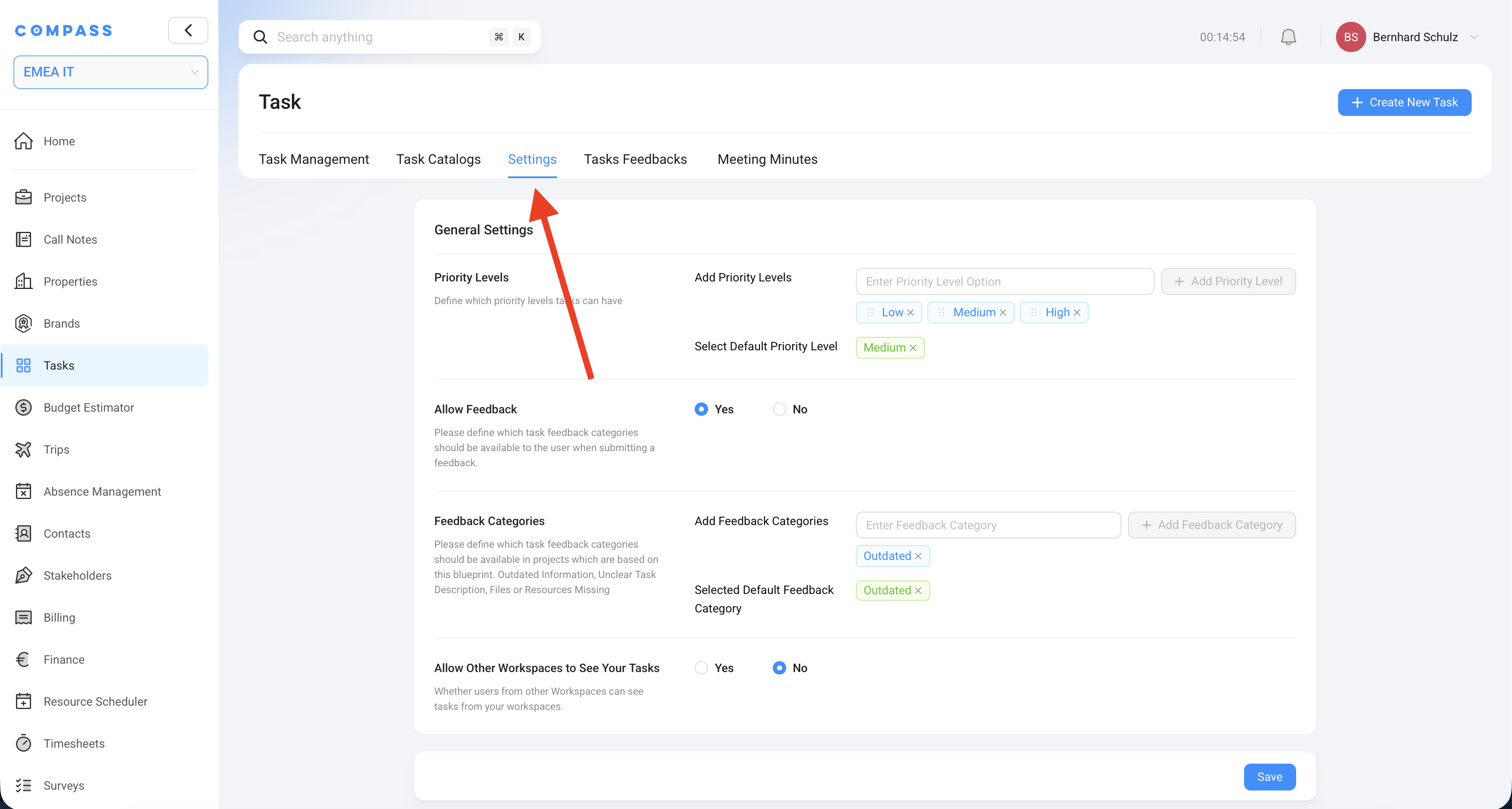 The Task Module Settings page — showing Priority Levels, Allow Feedback, and Feedback Categories.