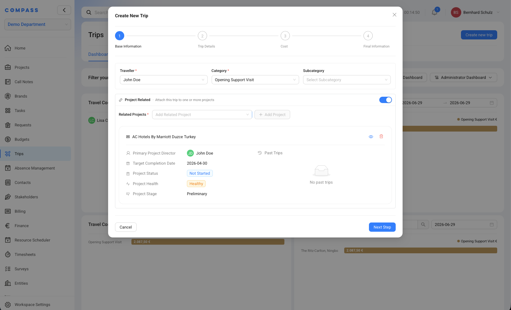Create New Trip form showing the Base Information step with Traveller, Category, Subcategory, and Related Projects.