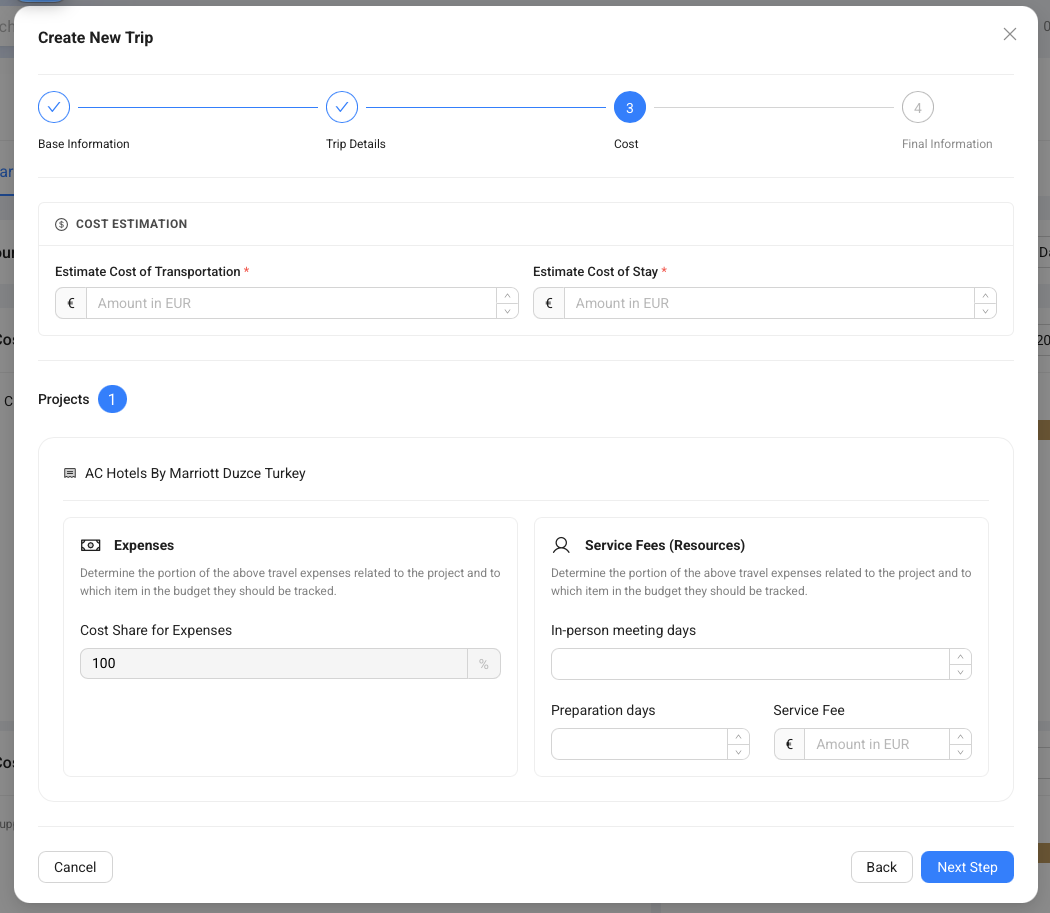 Create New Trip form showing the Cost step with estimated costs, expense cost share, and service fee fields.