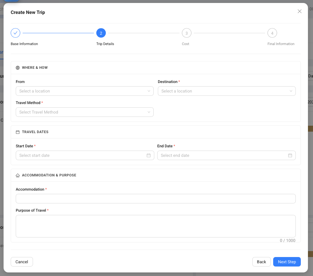 Create New Trip form showing the Trip Details step with From, Destination, Travel Method, Travel Dates, Accommodation, and Purpose of Travel.