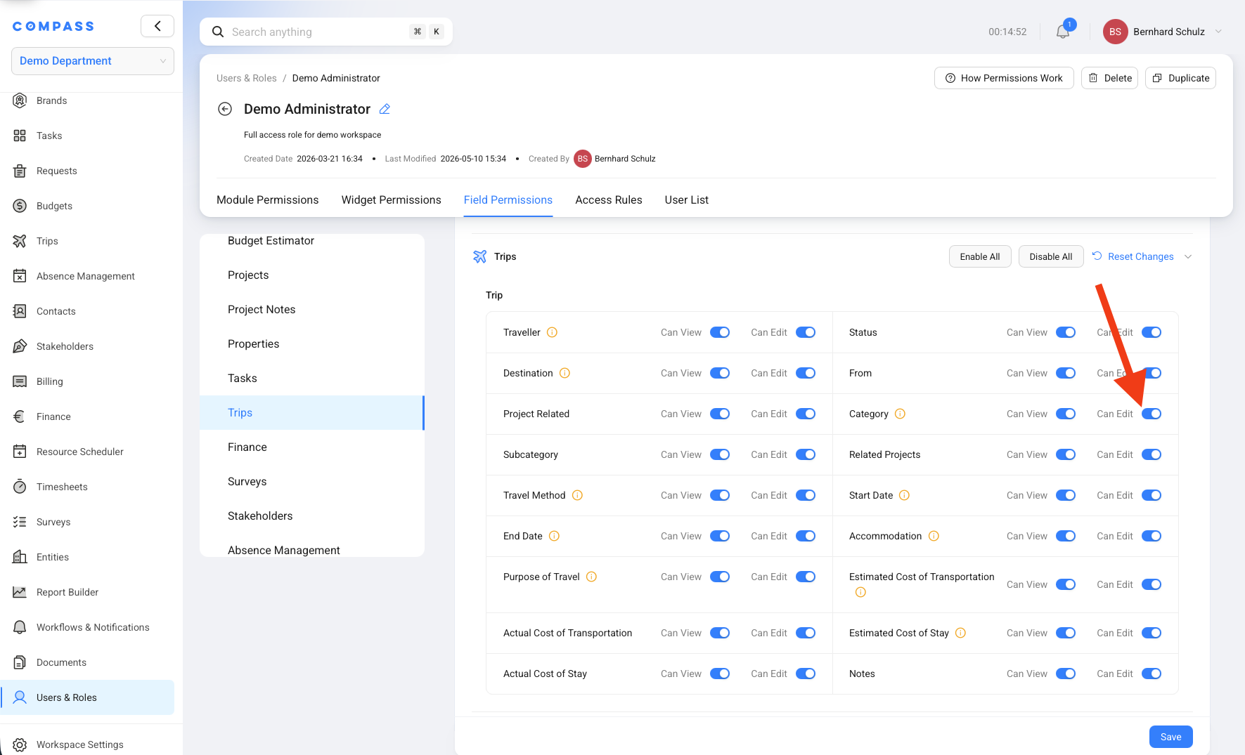 Role Field Permissions showing Trips fields and edit controls for fields such as Category and Travel Method.