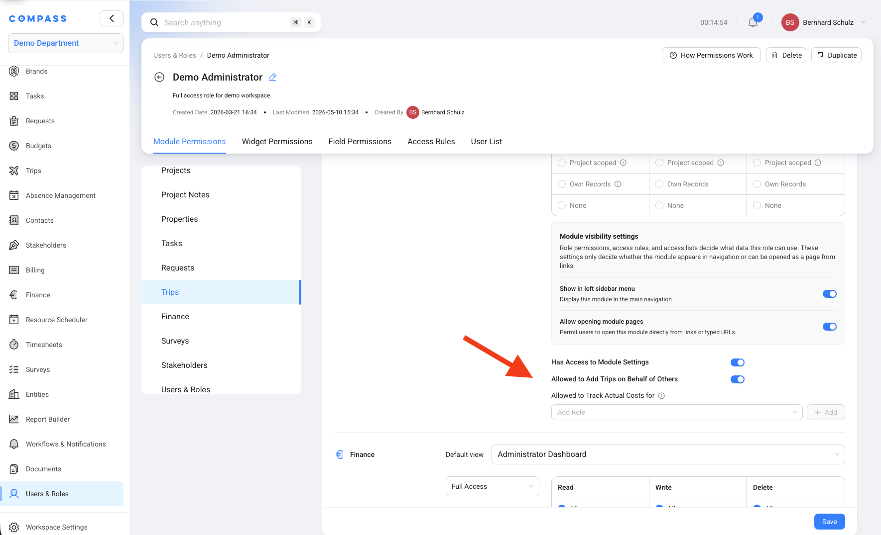Role Module Permissions showing Trips settings access, add trips on behalf of others, and actual cost tracking permissions.