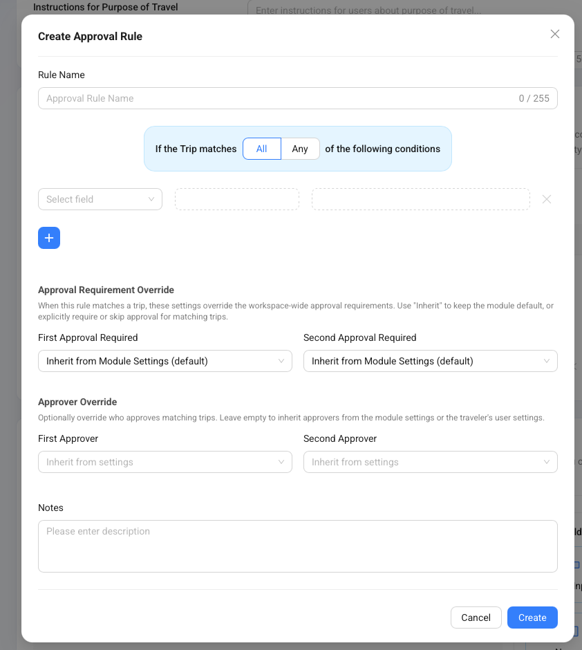 Create Approval Rule modal showing rule conditions, approval requirement overrides, and approver overrides.