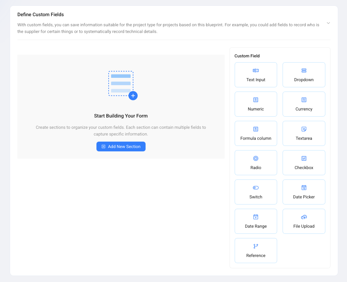 Define Custom Fields page showing field types that can be added to trip requests.
