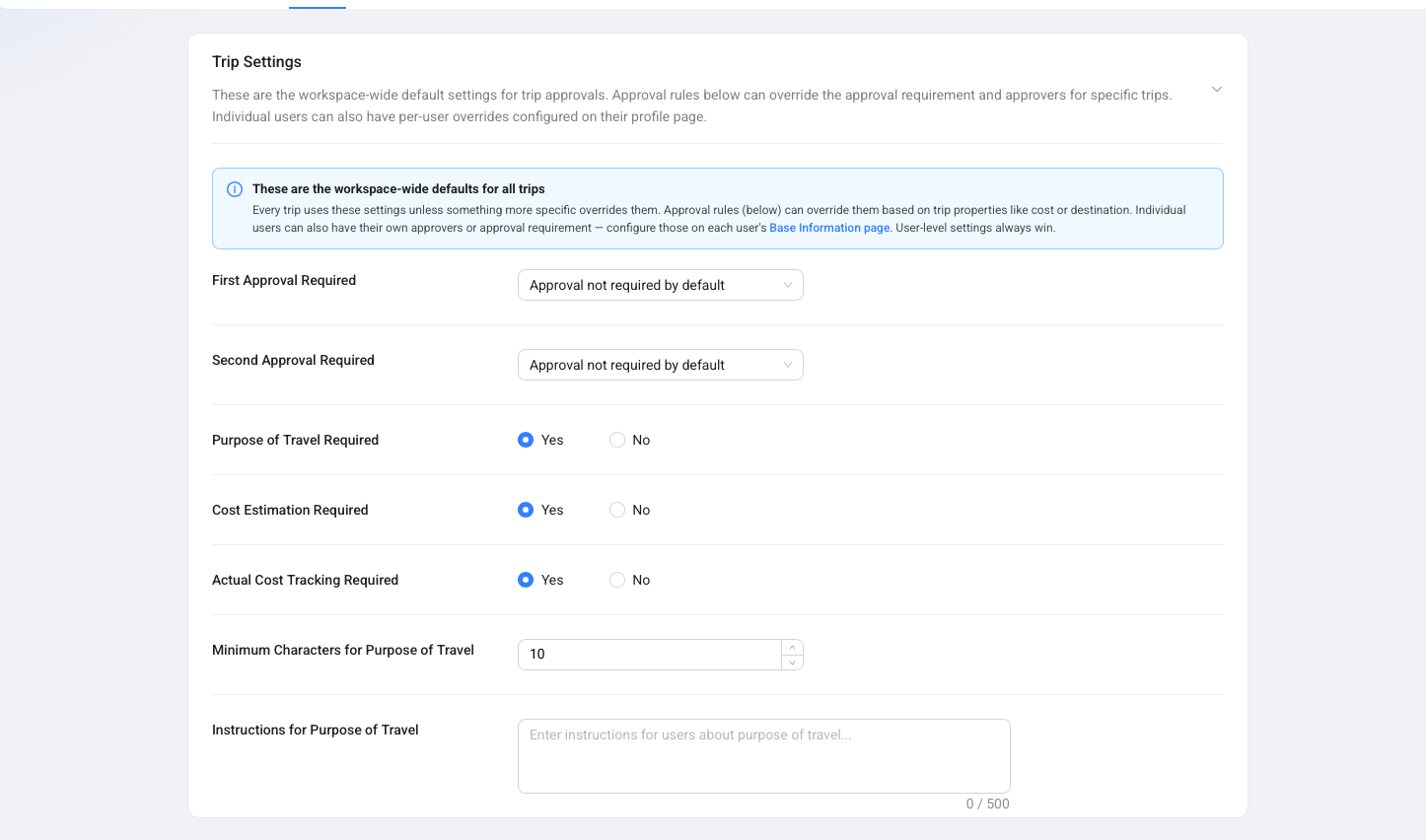 Trip Settings showing workspace-wide approval defaults, purpose of travel, cost estimation, and actual cost tracking.