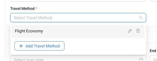 Travel Method dropdown showing Flight Economy and an Add Travel Method button.