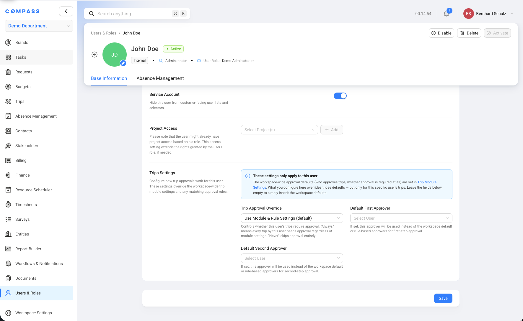 User profile Trips Settings showing trip approval override and default approver fields.