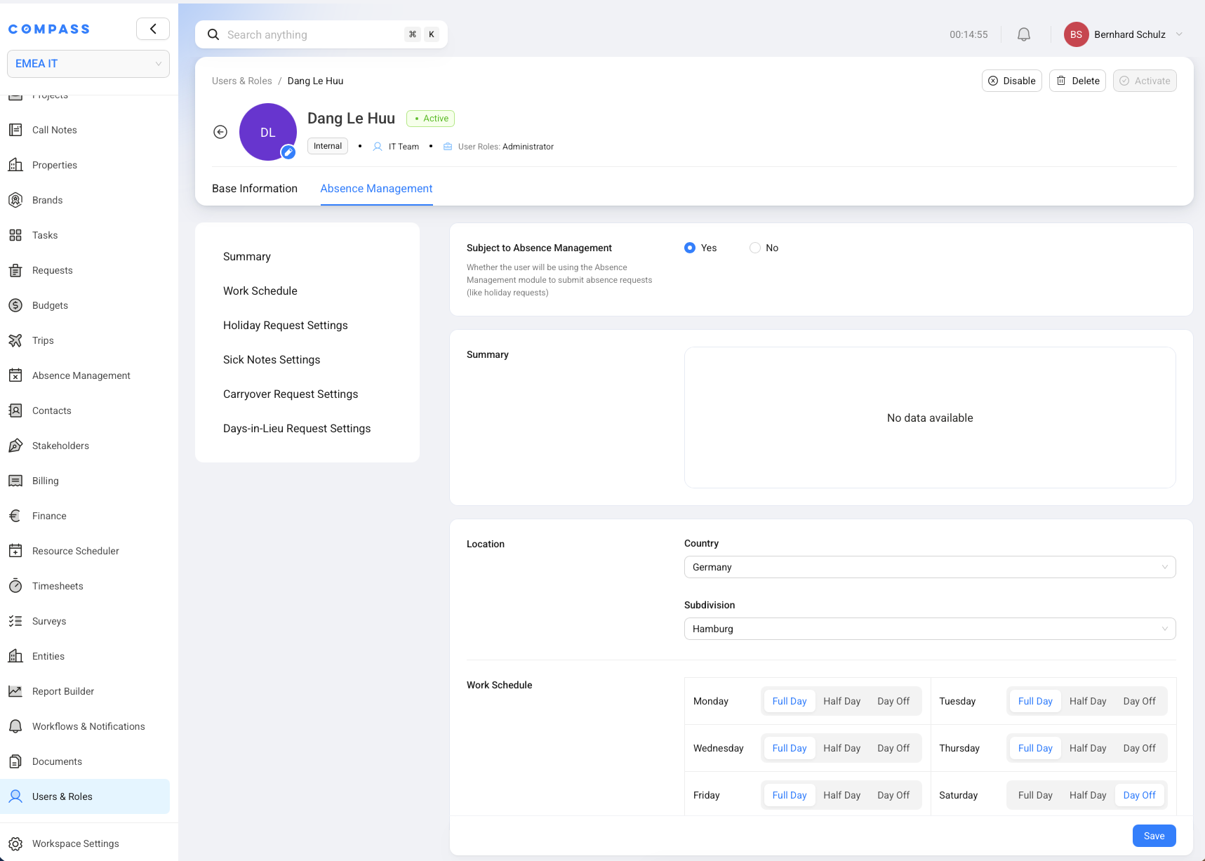 A user profile showing the Absence Management tab with location and work schedule fields.